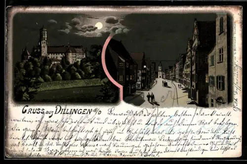 Lithographie Dillingen a. D., Kirche und Strassenpartie im Mondschein