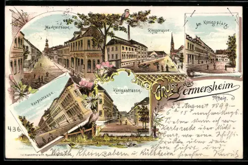 Lithographie Germersheim, Marktstrasse, Ringstrasse, Am Königsplatz, Königsstrasse, Hauptstrasse
