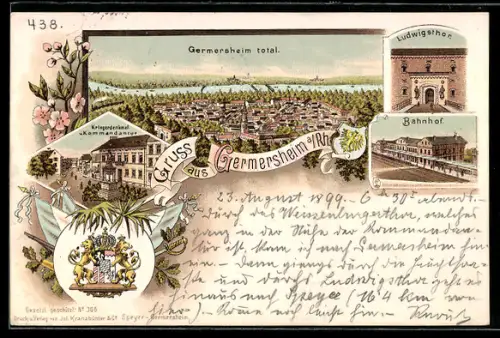 Lithographie Germersheim a. Rh., Ludwigsthor, Bahnhof, Kriegerdenkmal, Gesamtansicht