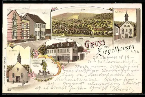 Lithographie Ziegelhausen, Totalansicht, Rathaus, Gasthaus zur Pfalz und Kirchen, Jäger aus Churpfalz