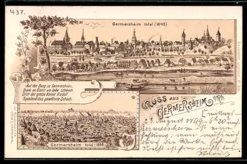 Lithographie Germersheim, Totalansichten Anno 1645 und 1898, Wappen