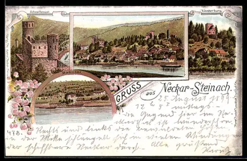 Lithographie Neckarsteinach, Bahnhof, Burg Schwalbennest, Vorderburg, Totalansicht