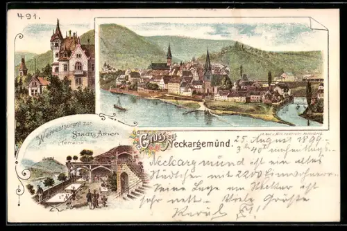 Lithographie Neckargemünd, Weinrestaurant zur Stadt Athen, Gesamtansicht