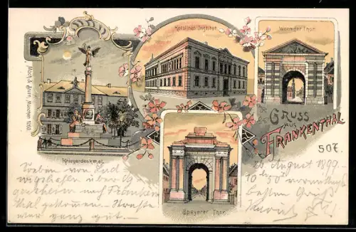 Lithographie Frankenthal, Karolinen Institut, Wormser Tor, Speyerer Tor