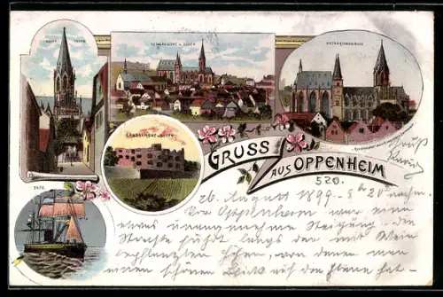 Lithographie Oppenheim, Totalansicht von Süden aus, Hauptturm der Katharinenkirche