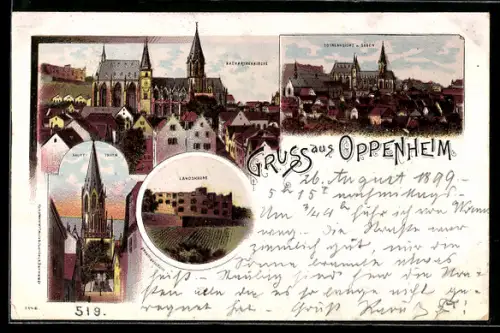 Lithographie Oppenheim, Katharinenkirche und Totalansicht von Süden, Landskrone
