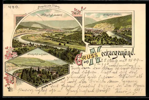 Lithographie Neckargemünd, Aussicht vom Dilsberg Neckarthal abwärts, Aussicht vom Kümmelbahnhof Neckarthal aufwärts