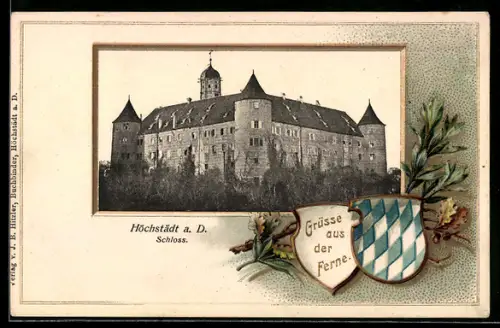 Passepartout-Lithographie Höchstädt a. D., Schloss in der Aussenansicht und Wappen