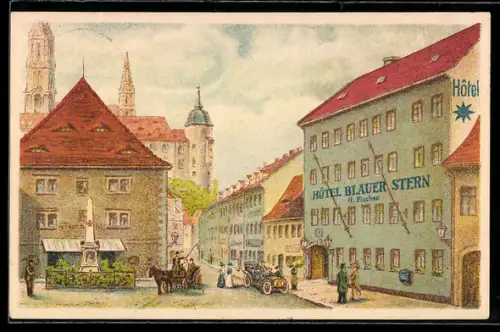Lithographie Meissen, Hotel Blauer Stern von G. Fischer mit Denkmal