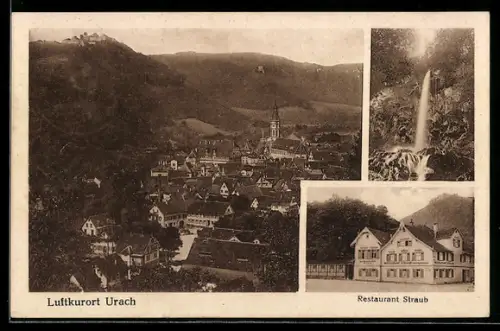 AK Urach, Totalansicht aus der Vogelschau und Restaurant Straub