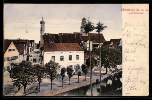 AK Höchstädt a. D., Partie in der Spitalstrasse mit Blick zum Kirchturm