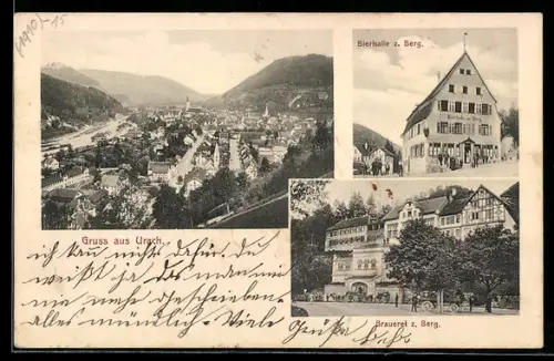 AK Urach, Bierhalle & Brauerei zum Berg, Ortsansicht aus der Vogelschau