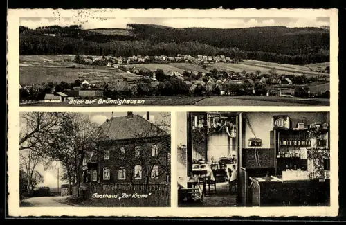 AK Brünnighausen ü. Hameln, Gasthaus Zur Krone, Inh. Eduard Schoof, Ortsansicht mit Wald