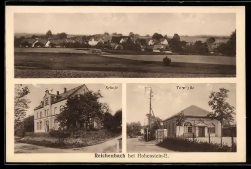 AK Reichenbach bei Hohenstein, Schule, Turnhalle, Blick zum Ort