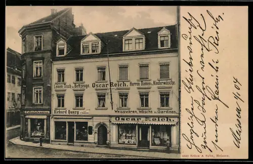 AK Meissen, Handlung Oscar Reich am Strasseneck Kleinmarkt und Marktgasse