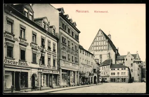 AK Meissen, Strasse am Kleinmarkt, Handlung Oscar Reich, Restaurant Anton Beutin