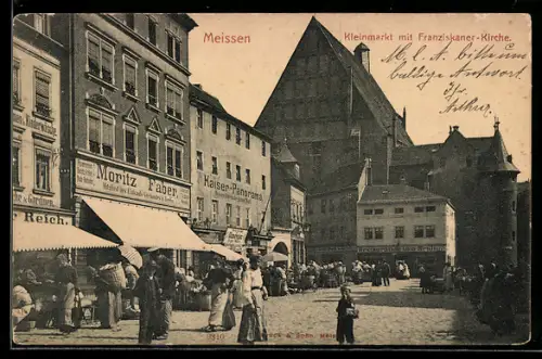 AK Meissen, Strasse am Kleinmarkt mit Franziskaner-Kirche, Handlung Moritz Faber