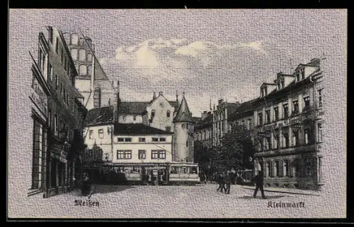 AK Meissen, Strassenpartie am Kleinmarkt mit Strassenbahn