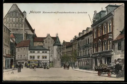 AK Meissen, Strasse am Kleinmarkt mit Franziskanerkirche und Realschule