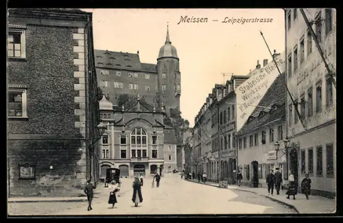 AK Meissen, Leipzigerstrasse mit Hotel Goldne Sonne