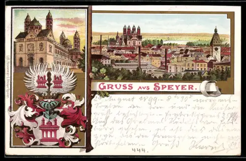 Lithographie Speyer, Blick auf die Kirche, Totalansicht aus der Vogelschau