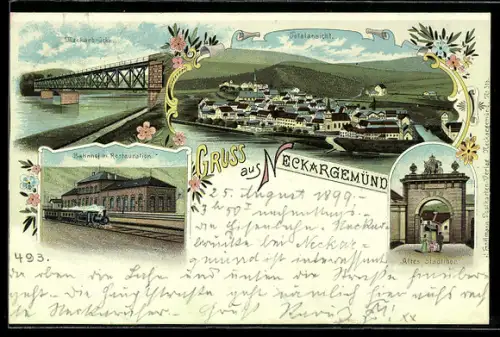 Lithographie Neckargemünd, Neckarbrücke, Bahnhof mit Restaurant, Altes Stadttor