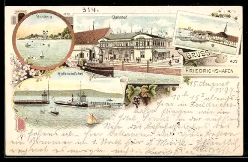 Lithographie Friedrichshafen, Bahnhof, Schloss, Hafeneinfahrt