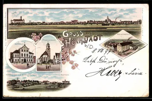 Lithographie Höchstädt a. D., Rathaus, Pfarrkirche, Marktplatz, Malzfabrik, Totalansicht