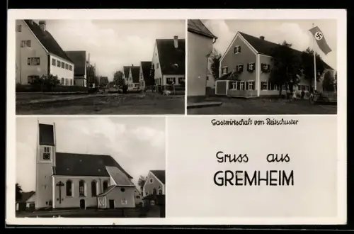 AK Gremheim, Gasthaus von Reitschuster, Kirche, 