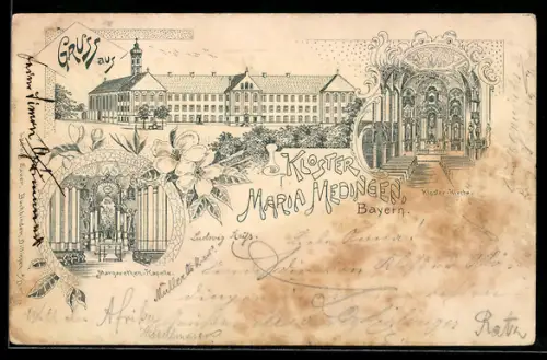 Lithographie Maria Medingen /Bayern, Kloster Maria Medingen, Kloster-Kirche