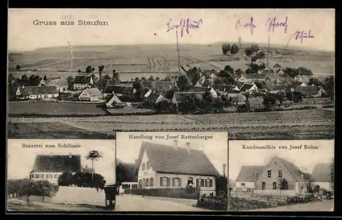 AK Staufen, Brauerei zum Schlössle, Handlung von J. Rettenberger, Kundenmühle von J. Rehm