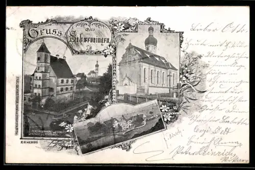 AK Schwenningen /Dillingen, Schlossbrauerei und Schloss, Kirche mit Pfarrhof
