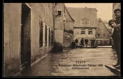 AK Fürth, Hochwasser-Katastrophe Februar 1909, Blick in die Schützenstrasse