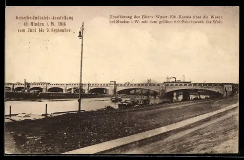 AK Minden i. W., Gewerbe-Industrie-Ausstellung 1914, Überführung des Rhein-Weser-Elb-Kanals über die Weser