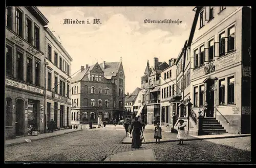 AK Minden i. W., Obermarktstrasse mit Geschäft von Theodor Grätz
