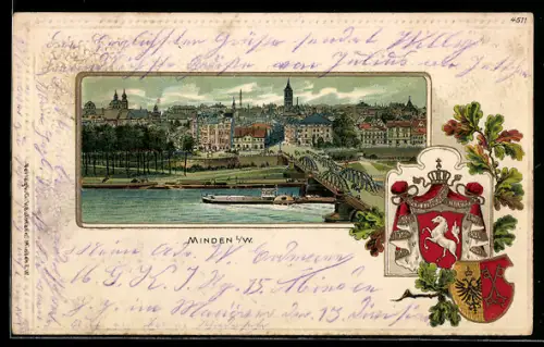 Passepartout-Lithographie Minden i. W., Totalansicht mit Wappen