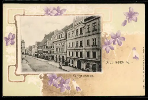 AK Dillingen, Königstrasse aus der Vogelschau, Blumen