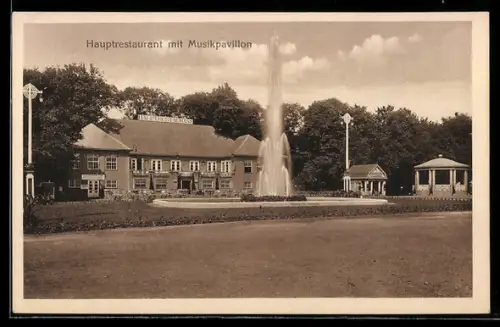 AK Minden i. W., Ausstellung 1918 - Hauptrestaurant mit Musikpavillon und Springbrunnen