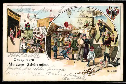 Lithographie Volksfest, Kasperl-Theater, Ballon, Wappen