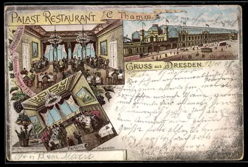 Lithographie Dresden, Palast-Restaurant, Parterre, Hauptbahnhof