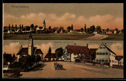 Künstler-AK sign. Hans Pernat: Fristingen, Gasthaus zum Lamm, Warenhandlung von Josef Bschorr, Totalansicht des Ortes