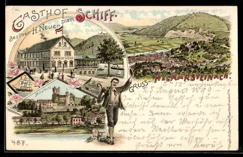 Lithographie Neckarsteinach, Gasthof zum Schiff v. H. Neuer mit Dilsburg, Mittelburg, Ortsansicht