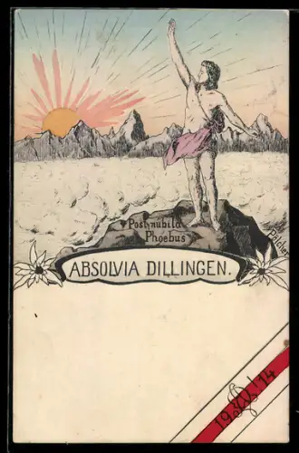 Künstler-AK Dillingen / Donau, Absolvia, Mann grüsst die Sonne