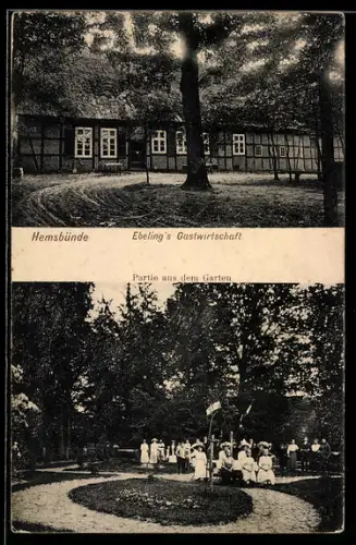 AK Hemsbünde, Ebeling`s Gastwirtschaft, Partie aus dem Garten