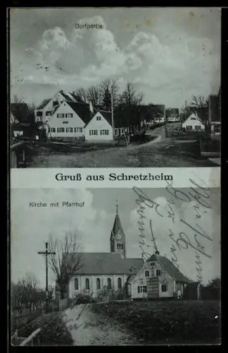 AK Schretzheim, Dorfpartie, Kirche mit Pfarrhof