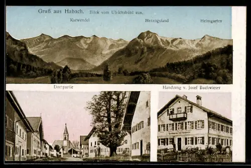 AK Harbach, Bergpanorama mit Herzogstand und Karwendel, Partie im Ort, Geschäft von Josef Buchwieser