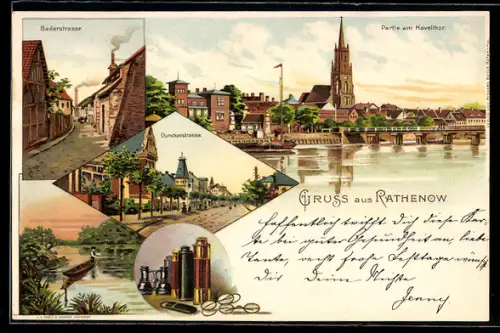 Lithographie Rathenow, Baderstrasse, Dunckerstrasse und Partie am Havelthor