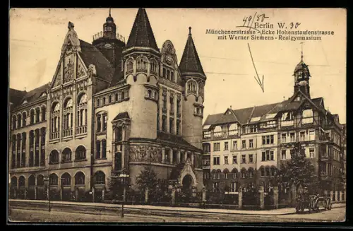 AK Berlin-Schöneberg, Werner Siemens-Realgymnasium, Münchenerstrasse Ecke Hohenstaufenstrasse