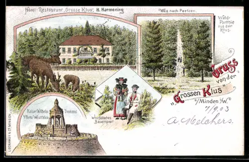 Lithographie Minden i. W., Hotel-Restdaurant Grosse Klus, Weg nach Peetzen, Westfälische Bauernpaar