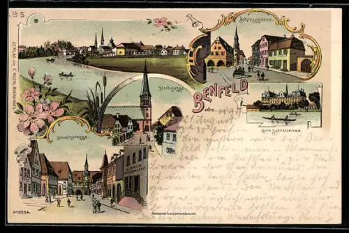 Lithographie Benfeld, Bad Siefermann, Schlossgasse, Hauptstrasse, Kirchgasse